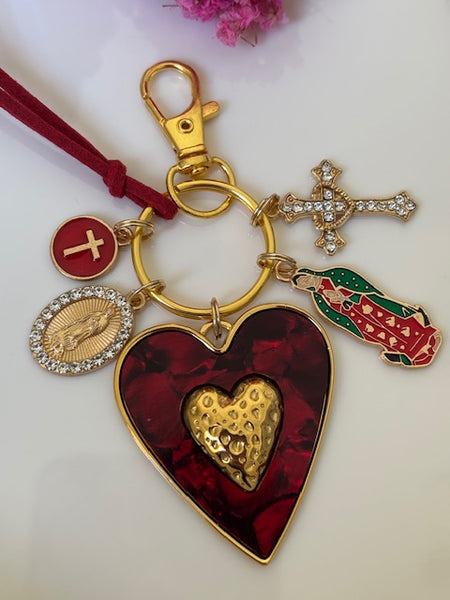 Porte-clés vierge Marie coeur sacré et croix, cadeau pour maman vierge de la Guadeloupe, breloque vierge médaille miraculeuse, ex voto bijou