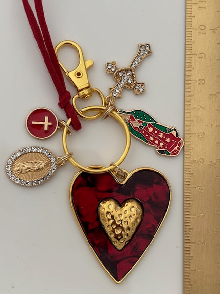 Porte-clés vierge Marie coeur sacré et croix, cadeau pour maman vierge de la Guadeloupe, breloque vierge médaille miraculeuse, ex voto bijou