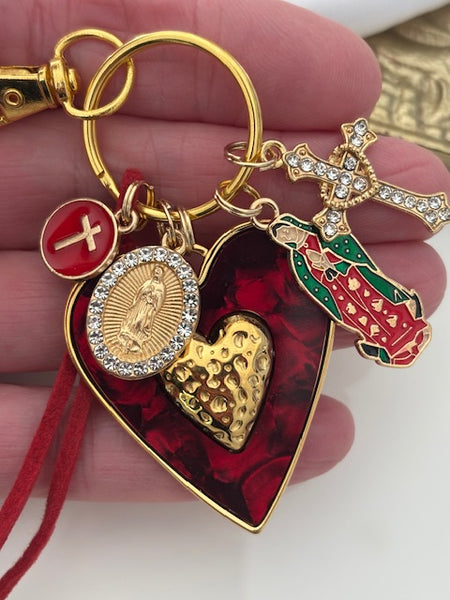 Porte-clés vierge Marie coeur sacré et croix, cadeau pour maman vierge de la Guadeloupe, breloque vierge médaille miraculeuse, ex voto bijou