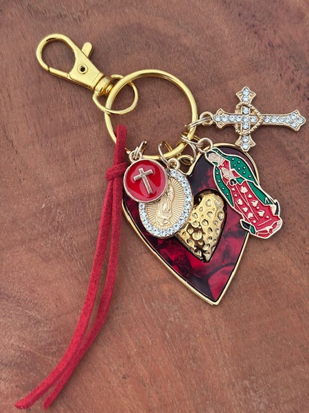 Porte-clés vierge Marie coeur sacré et croix, cadeau pour maman vierge de la Guadeloupe, breloque vierge médaille miraculeuse, ex voto bijou