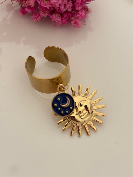 Bague soleil doré, bague protection, cadeau pour maman bague soleil, breloque soleil et lune, pendentif soleil