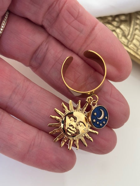 Bague soleil doré, bague protection, cadeau pour maman bague soleil, breloque soleil et lune, pendentif soleil