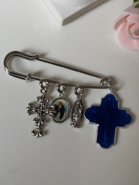 broche ex voto, broche épingle porte bonheur, croix et vierge miraculeuse fait main