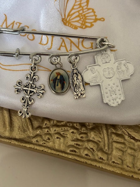 broche ex voto, broche épingle porte bonheur, croix et vierge miraculeuse fait main