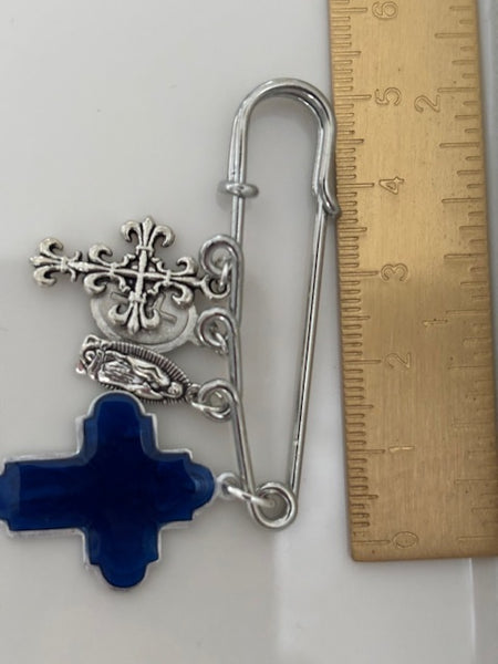 broche ex voto, broche épingle porte bonheur, croix et vierge miraculeuse fait main