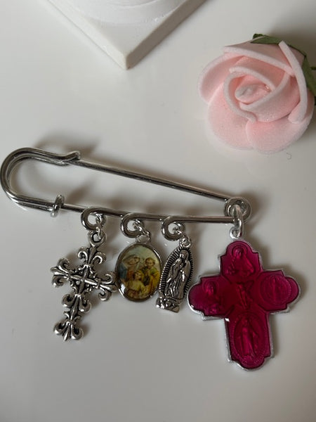 Broche ex voto, broche médaille religieuse, broche épingle porte bonheur, croix et vierge miraculeuse fait main, broche protection