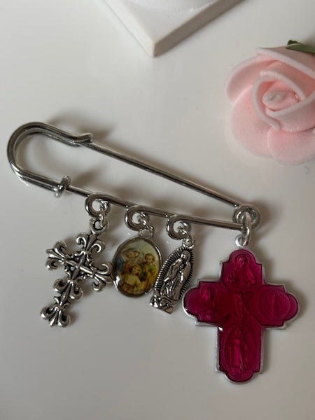 Broche ex voto, broche médaille religieuse, broche épingle porte bonheur, croix et vierge miraculeuse fait main, broche protection
