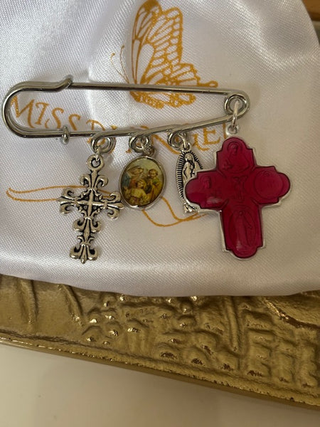 Broche ex voto, broche médaille religieuse, broche épingle porte bonheur, croix et vierge miraculeuse fait main, broche protection