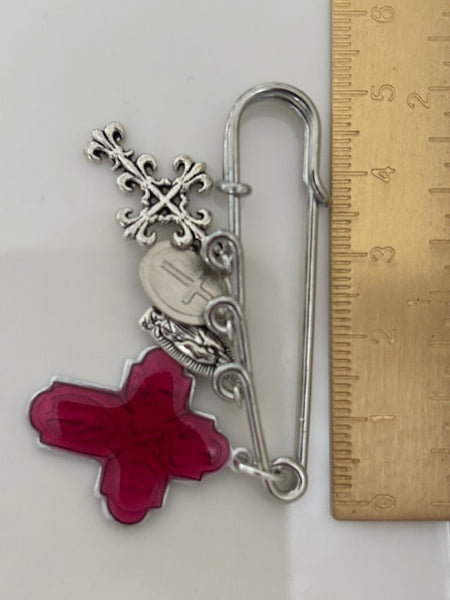Broche ex voto, broche médaille religieuse, broche épingle porte bonheur, croix et vierge miraculeuse fait main, broche protection