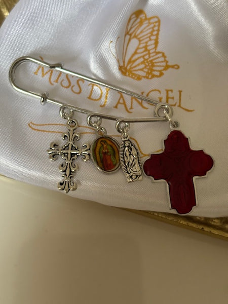 broche ex voto, broche épingle porte bonheur, croix et vierge miraculeuse fait main