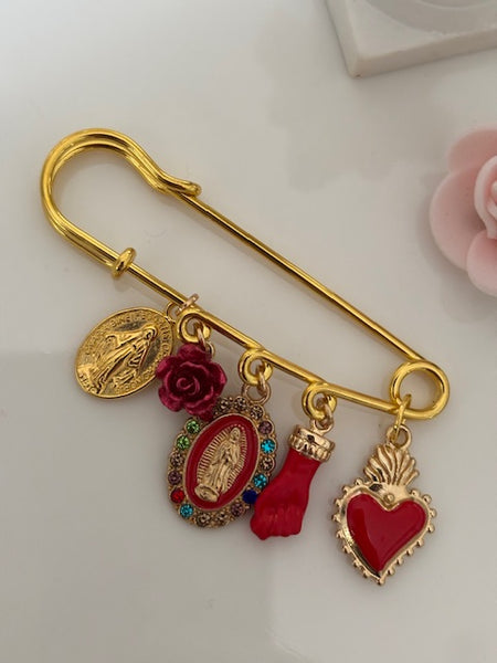 Broche ex voto, broche médaille religieuse, broche épingle porte bonheur, vierge miraculeuse fait main avec amour.
