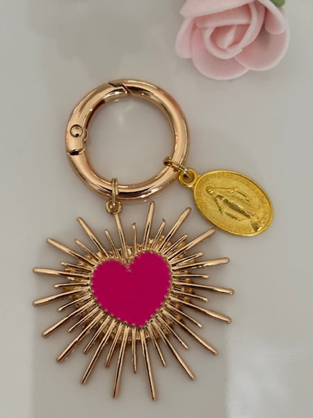Charms coeur sacré, charms pour sac ex voto, cadeau pour femme charms médaille religieuse, breloque coeur sacré et coeur en émail ex voto