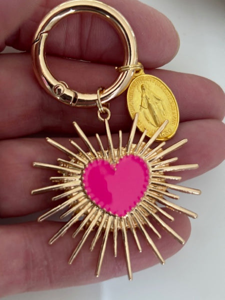 Charms coeur sacré, charms pour sac ex voto, cadeau pour femme charms médaille religieuse, breloque coeur sacré et coeur en émail ex voto
