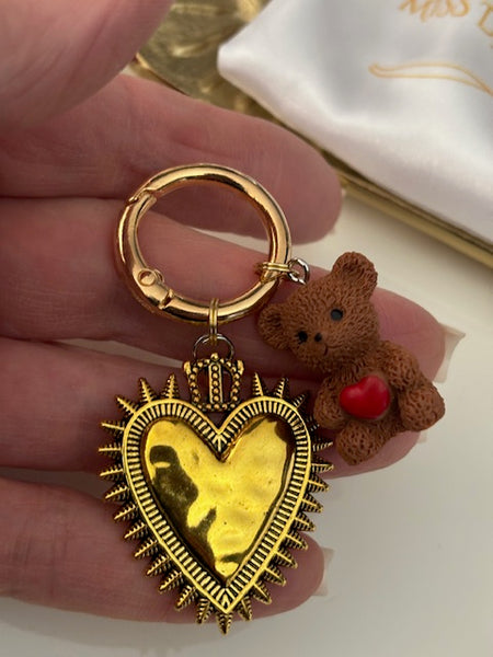Charms coeur médaille et ourson, porte clé ourson ex voto, cadeau pour maman ourson, cadeau femme cœur sacré, breloque médaille religieuse, ourson d'amour