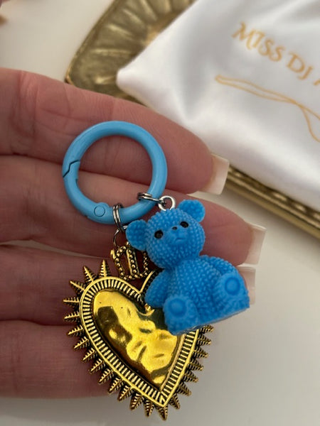 Charms coeur médaille et ourson, porte clé ourson ex voto, cadeau pour maman ourson, cadeau femme cœur sacré