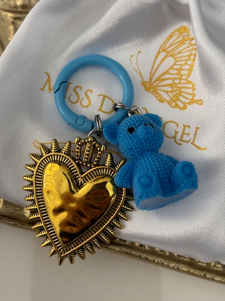 Charms coeur médaille et ourson, porte clé ourson ex voto, cadeau pour maman ourson, cadeau femme cœur sacré
