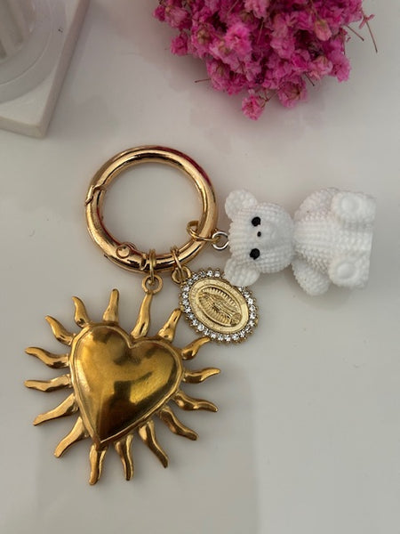 Charms ex voto médaille religieuse, porte clé ourson, cadeau pour maman ourson, cadeau femme cœur ours, breloque médaille religieuse