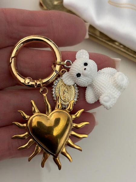 Charms ex voto médaille religieuse, porte clé ourson, cadeau pour maman ourson, cadeau femme cœur ours, breloque médaille religieuse
