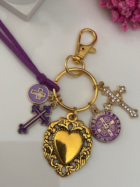 Porte-clés coeur sacré et croix, cadeau pour maman ex voto, breloque Saint Benoit, collection spéciale Saint Benoit