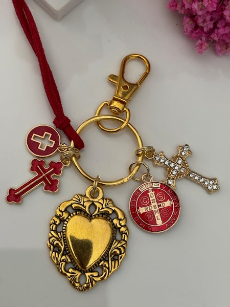 Porte-clés coeur sacré et croix, cadeau pour maman ex voto, breloque Saint Benoit, collection spéciale Saint Benoit