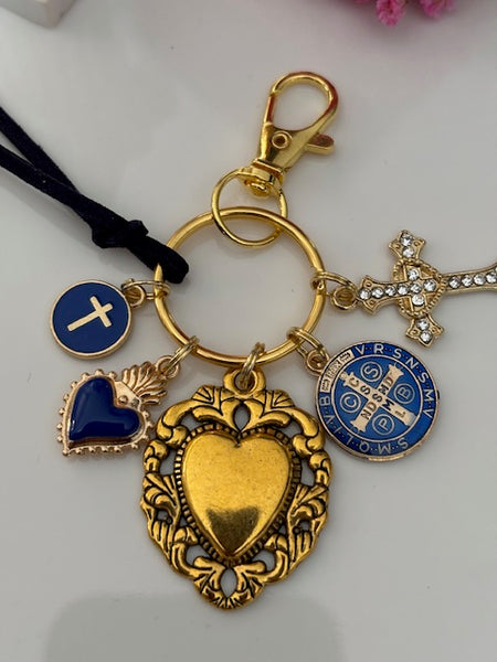 Porte-clés coeur sacré et croix, cadeau pour maman ex voto, breloque Saint Benoit, collection spéciale Saint Benoit