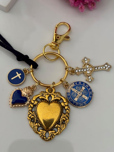 Porte-clés coeur sacré et croix, cadeau pour maman ex voto, breloque Saint Benoit, collection spéciale Saint Benoit