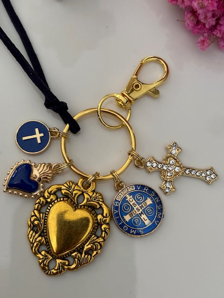 Porte-clés coeur sacré et croix, cadeau pour maman ex voto, breloque Saint Benoit, collection spéciale Saint Benoit