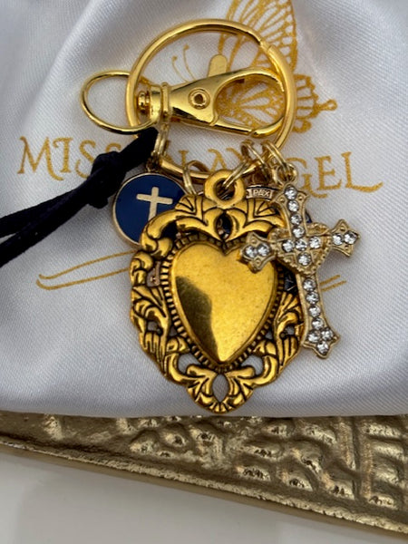 Porte-clés coeur sacré et croix, cadeau pour maman ex voto, breloque Saint Benoit, collection spéciale Saint Benoit