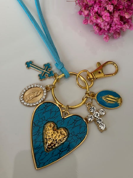 Porte-clés vierge Marie coeur sacré et croix, cadeau pour maman vierge de la Guadeloupe, breloque vierge médaille miraculeuse, ex voto bijou