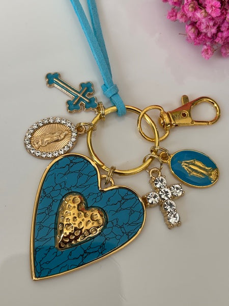 Porte-clés vierge Marie coeur sacré et croix, cadeau pour maman vierge de la Guadeloupe, breloque vierge médaille miraculeuse, ex voto bijou