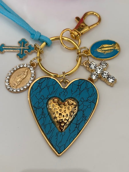 Porte-clés vierge Marie coeur sacré et croix, cadeau pour maman vierge de la Guadeloupe, breloque vierge médaille miraculeuse, ex voto bijou