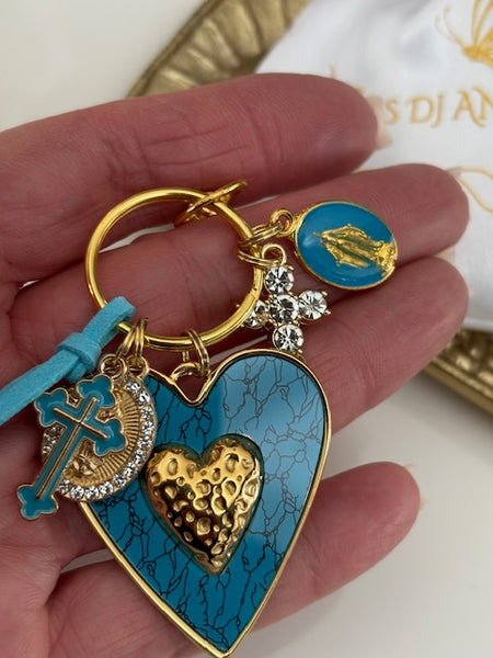 Porte-clés vierge Marie coeur sacré et croix, cadeau pour maman vierge de la Guadeloupe, breloque vierge médaille miraculeuse, ex voto bijou
