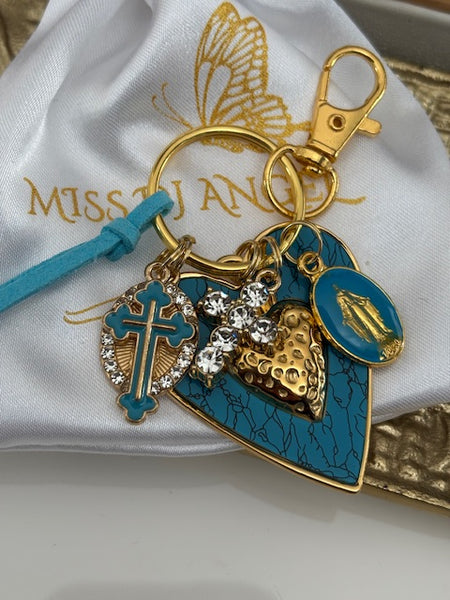 Porte-clés vierge Marie coeur sacré et croix, cadeau pour maman vierge de la Guadeloupe, breloque vierge médaille miraculeuse, ex voto bijou