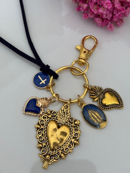 Porte-clés vierge Marie coeur sacré et croix, cadeau pour maman vierge, breloque vierge médaille miraculeuse, porte clés ex voto