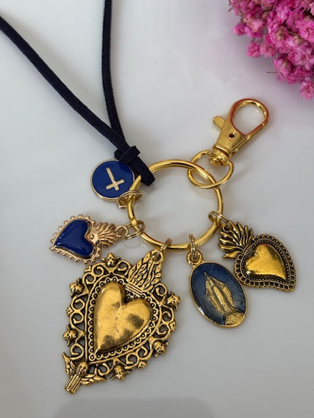 Porte-clés vierge Marie coeur sacré et croix, cadeau pour maman vierge, breloque vierge médaille miraculeuse, porte clés ex voto