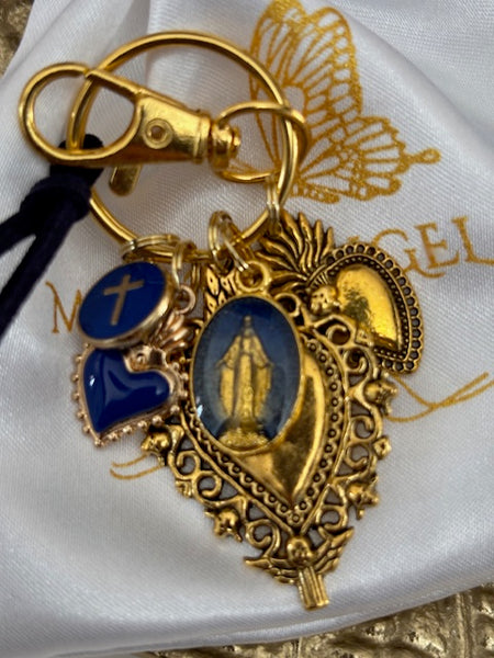 Porte-clés vierge Marie coeur sacré et croix, cadeau pour maman vierge, breloque vierge médaille miraculeuse, porte clés ex voto