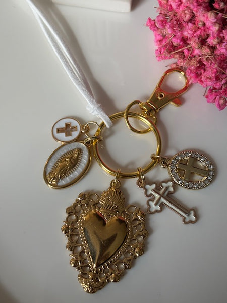 Porte-clés vierge Marie coeur sacré et croix, cadeau pour maman vierge, breloque vierge médaille miraculeuse, porte clés ex voto