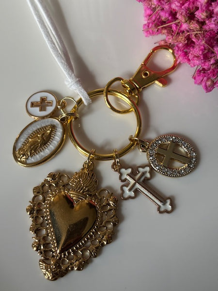 Porte-clés vierge Marie coeur sacré et croix, cadeau pour maman vierge, breloque vierge médaille miraculeuse, porte clés ex voto