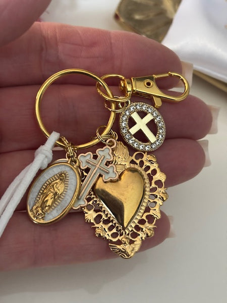Porte-clés vierge Marie coeur sacré et croix, cadeau pour maman vierge, breloque vierge médaille miraculeuse, porte clés ex voto