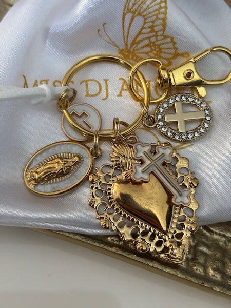 Porte-clés vierge Marie coeur sacré et croix, cadeau pour maman vierge, breloque vierge médaille miraculeuse, porte clés ex voto