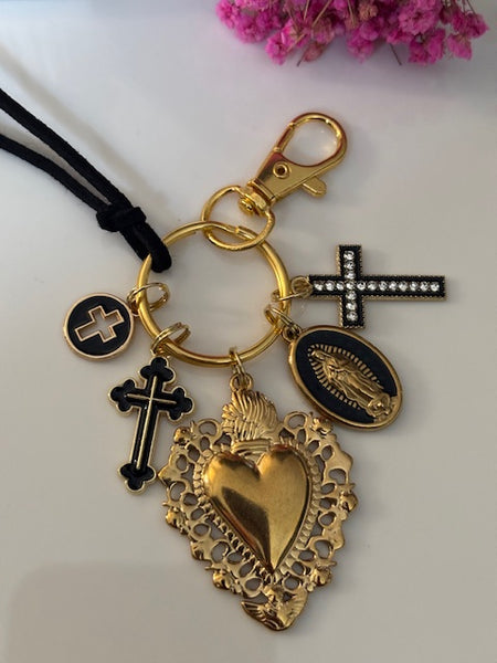 Porte-clés vierge Marie coeur sacré et croix, cadeau pour maman vierge, breloque vierge médaille miraculeuse, porte clés ex voto