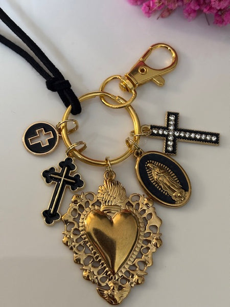 Porte-clés vierge Marie coeur sacré et croix, cadeau pour maman vierge, breloque vierge médaille miraculeuse, porte clés ex voto