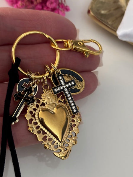 Porte-clés vierge Marie coeur sacré et croix, cadeau pour maman vierge, breloque vierge médaille miraculeuse, porte clés ex voto