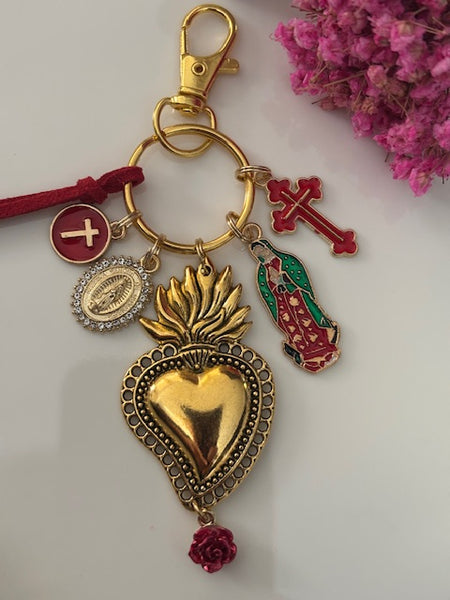 Porte-clés vierge Marie coeur sacré et croix, cadeau pour maman vierge, breloque vierge médaille miraculeuse, porte clés ex voto