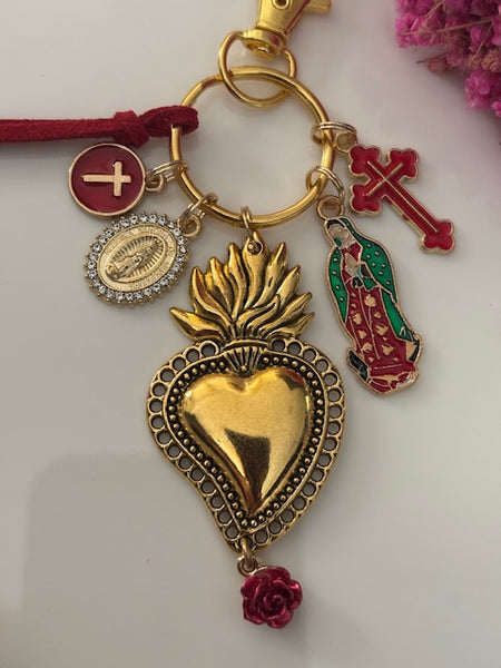 Porte-clés vierge Marie coeur sacré et croix, cadeau pour maman vierge, breloque vierge médaille miraculeuse, porte clés ex voto