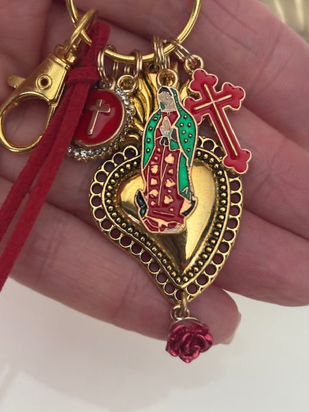 Porte-clés vierge Marie coeur sacré et croix, cadeau pour maman vierge, breloque vierge médaille miraculeuse, porte clés ex voto