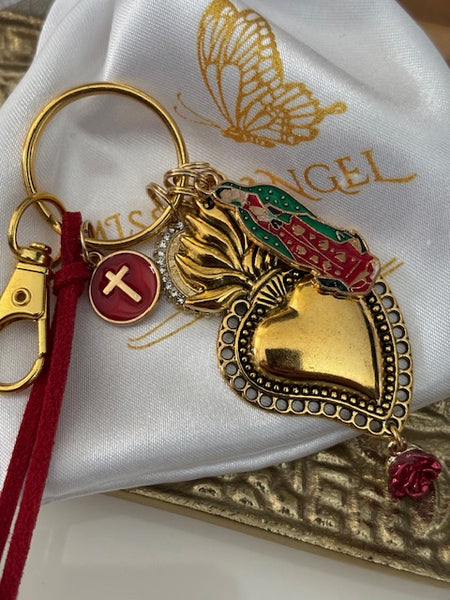 Porte-clés vierge Marie coeur sacré et croix, cadeau pour maman vierge, breloque vierge médaille miraculeuse, porte clés ex voto