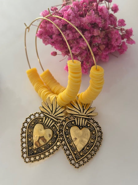 Boucles d'oreilles créoles ex voto, boucles d'oreilles religieuses, breloque médaille coeur sacré