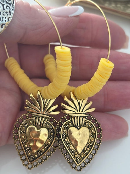 Boucles d'oreilles créoles ex voto, boucles d'oreilles religieuses, breloque médaille coeur sacré