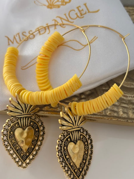 Boucles d'oreilles créoles ex voto, boucles d'oreilles religieuses, breloque médaille coeur sacré